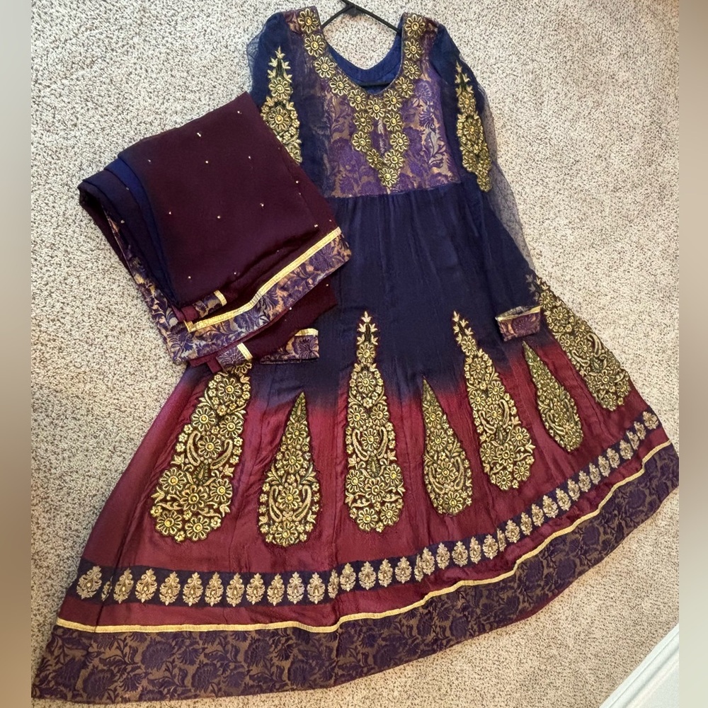 Elegant Navy and Maroon Embroidered Dress